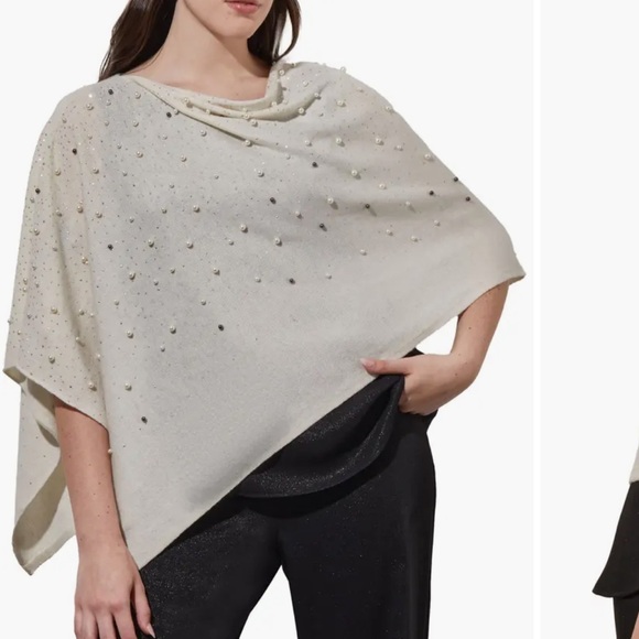 Ming Wang Faux Pearl Embellished Cashmere Wool Blend Boat Neck Poncho - Picture 4 of 13